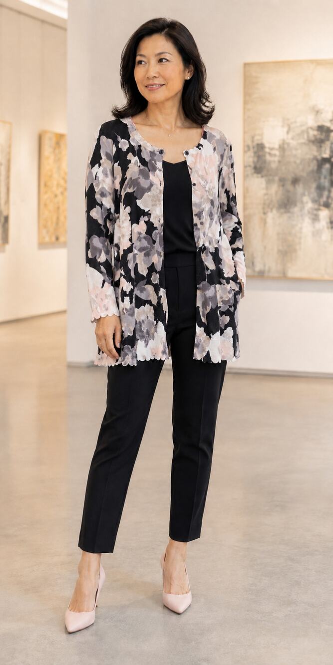 Isaac Mizrahi Live Floral Long Cardigan Sweater Women’s L Scalloped Artsy